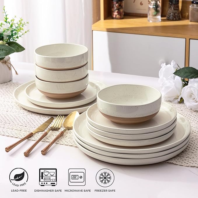 AmorArc 24 Pieces Ceramic Dinnerware Sets for 6, Handpainted Plates and Bowls Set with Rustic Terracotta Underside, Scratch Resistant Stoneware Dishes Set, Dishwasher & Microwave Safe, Light Beige