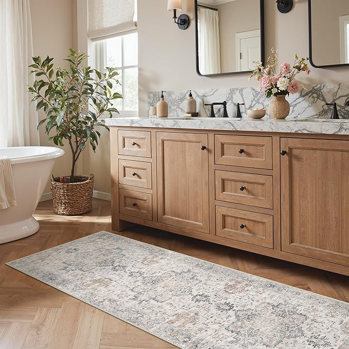 GENIMO Runner Rug 3x7, Non Slip Vintage Hallway Runner Rugs, Low Pile Lightweight Machine Washable Mat for Hallway, Entryway, Bedroom, Kitchen and Corridor, Light Taupe Brown