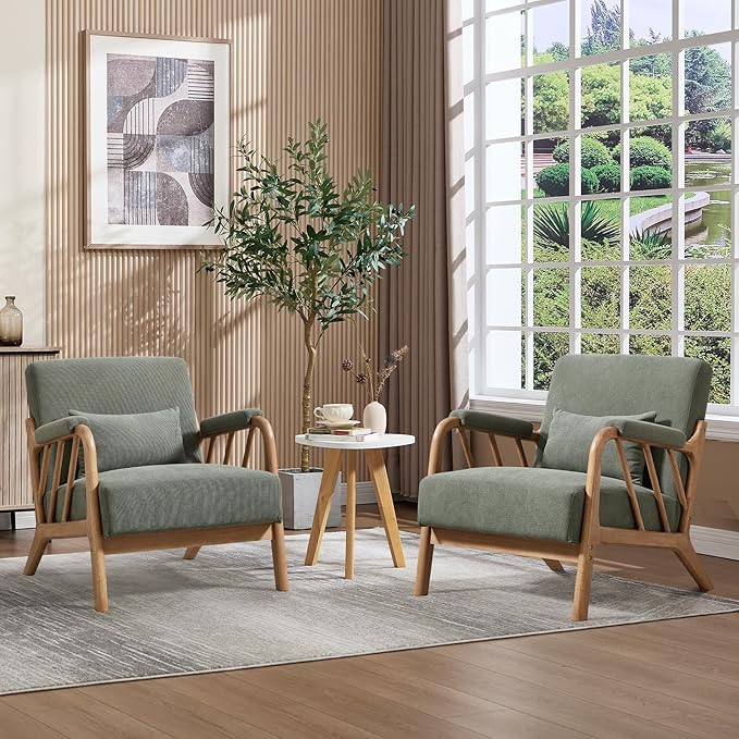 ANJ Mid Century Modern Accent Chair,Living Room Chairs with Wood Frame &Lumbar Pillow, Upholstered Reading Armchair for Bedroom