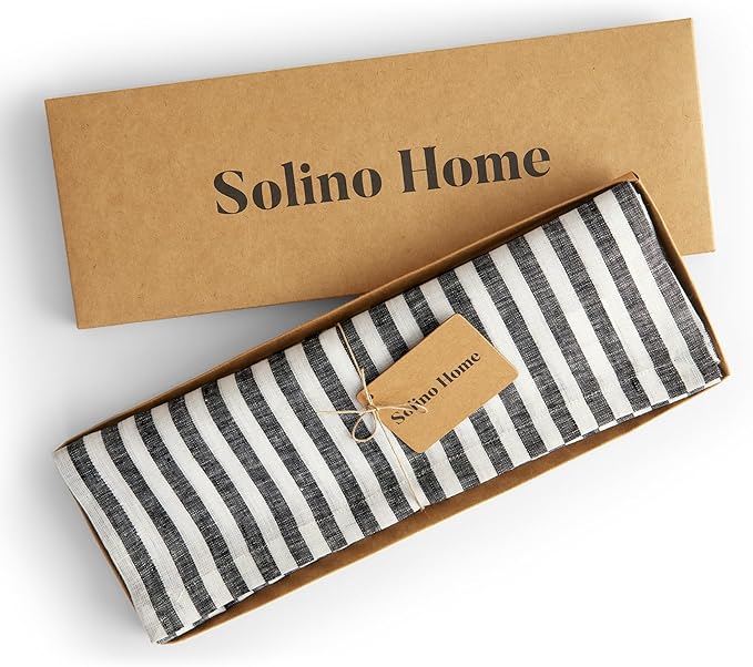 Solino Home Linen Placemats Set of 4 - Amalfi Stripe Black and White Placemats 14 x 19 Inch - 100% Pure Linen Place Mats for Fall, Autumn, Halloween, Thanksgiving
