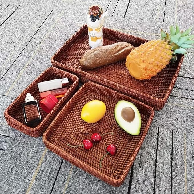i-lan Set of 3 Handmade Coffee Rattan Rectangle Serving Tray 14" Honey Brown Wicker Serving Organizer Fruit Platter with 2” Wall Long Rectangle Decorative Bathroom Accessories Basket Tray