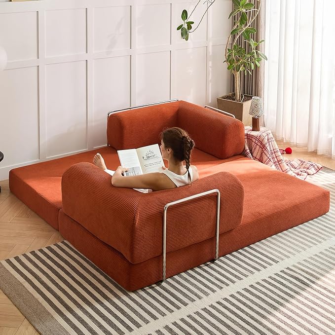 Modern Convertible Lounge Chair, Corduroy Fabric, Square Platform Design with Metal Frame, Floor Sofa Bed with Fixed-Shape Frame,Living Room Seating with Armrest (Orange, 2-Seater Sofa)