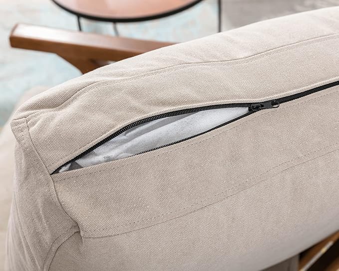 HNY Mid Century Chair, Faux Leather Upholstered Accent Armchair with Wood Frame and Canvas Cushions, Leisure Reading Chair Slipper Chair for Living Room, Bedroom, Beige