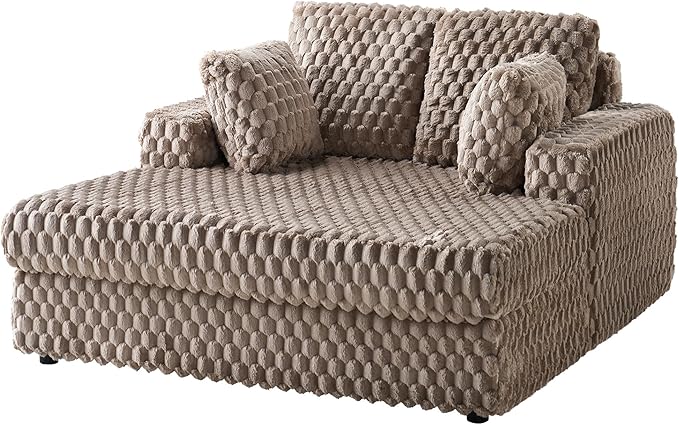 VanAcc 53 Inch Chaise Lounge Indoor, Plush Sleeper Chair with Throw Pillows, Upholstered Sofa Bed with Armrests, Plush Chair Bed for Living Room(Brown)