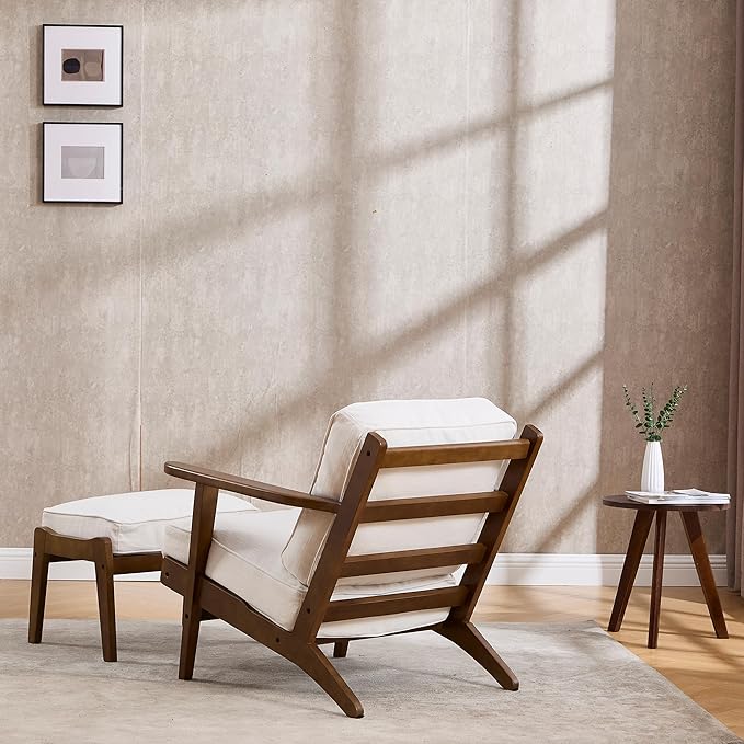 Living Room Accent Chairs Set of 2 Mid Century Modern Reading Arm Chair with Ottoman, Fabric Bedroom Chair with Soild Wood Frame, Elegant Upholstered Side Chair, Beige-Fabric