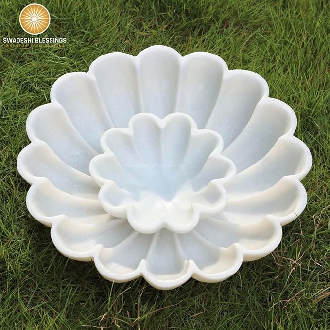 HandCrafted Marble Decorative Bowl | White Ruffle Scalloped Fluted Key/Fruit Ring Dish | Organic Modern Home Decor (10 Inches)