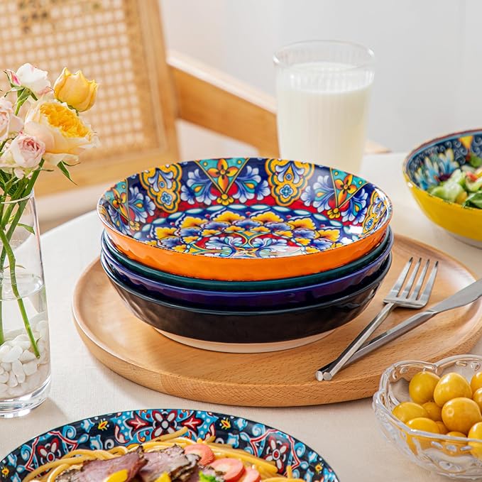 vancasso 32 Oz Pasta Bowls Sets of 6, Ceramic Large Colorful Salad Serving Bowls for Kitchen, Dishwasher & Microwave Safe, Soup Pasta Plates