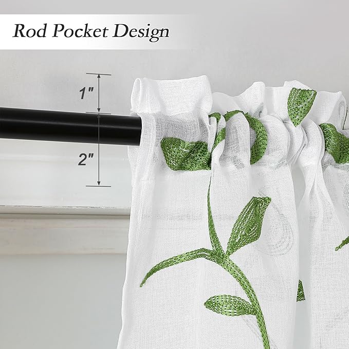 VISIONTEX White Sheer Voile Curtains, Decorative Leaves Embroidery Faux Linen Rod Pocket Window Drapes for Home Kitchen, Living Room and Bedroom 26 x 36 Inch, Set of 2 Curtain Panels