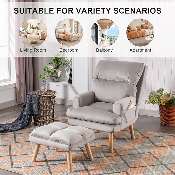 CANMOV Modern Accent Chair with Ottoman Set of 2, Soft Fabric Armchair with Adjustable Backrest and Side Pockets, Comfy Lounge Chair for Living Room, Bedroom, Apartment, Office, Grey