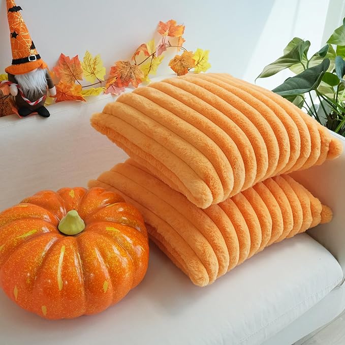 JOJUSIS Pack of 2 Faux Fur Plush Decorative Throw Pillow Covers Couch Cushion Case Soft Pillowcases (Orange, 22 x 22-Inch)