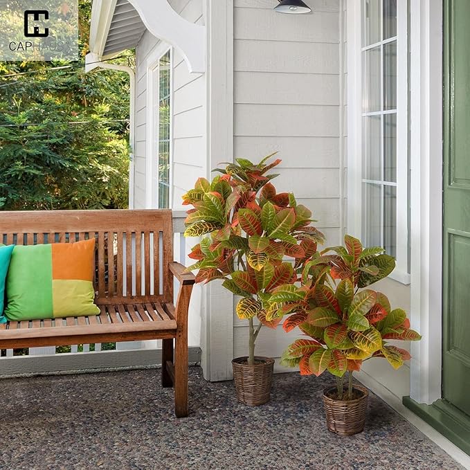 CAPHAUS 30 Inch Artificial Croton Tree Potted Plant - Realistic Faux Tropical Plant with UV Resistance, Low Maintenance Indoor Outdoor Decor for Front Porch, Patio, Houseplant