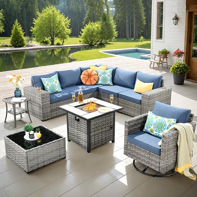 ovios 9 Pieces Patio Furniture Set, Outdoor Wicker Sectional Sofa with 30" Fire Pit Table Swivel Chair, Modern Modular Deep Seat Rattan Couch Conversation Sets, Denim Blue