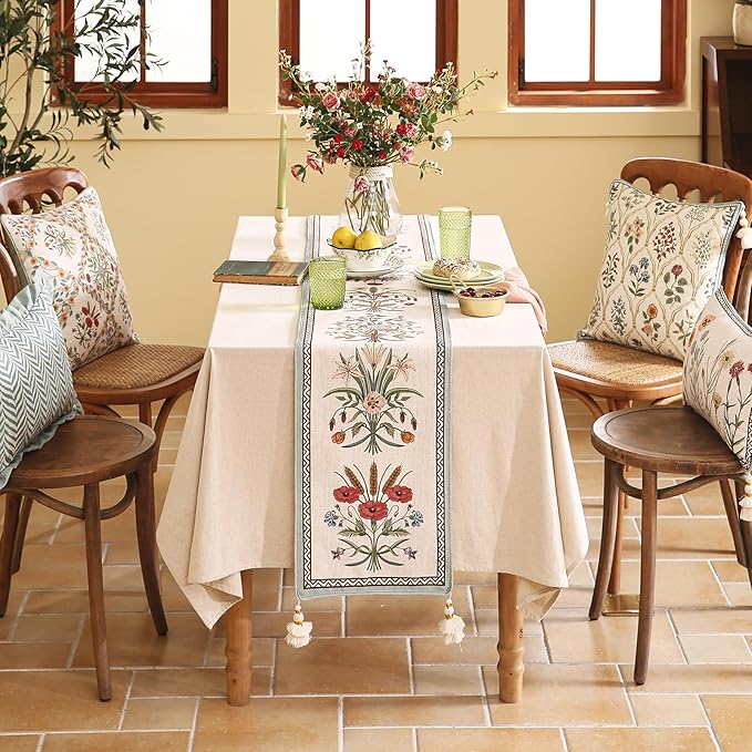 ISAENNE Designer French Country Linen Table Runner 118 Inches Extra Long,Elegant Colorful Floral Pattern Table Runners for Dining Tables,Thanksgiving,Christmas,Kitchen Decor,12"*118"-Serenity F