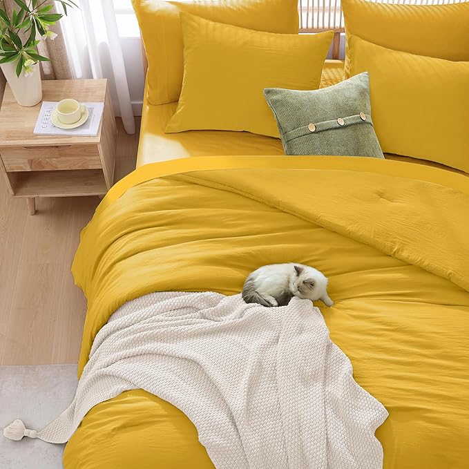 WRENSONGE Queen Comforter Set- 7 Pieces Soft Yellow Bed in a Bag Queen with Fitted Sheet, Flat Sheet, 2 Shams, and 2 Pillowcases- Warm Bedding Sets for All Season