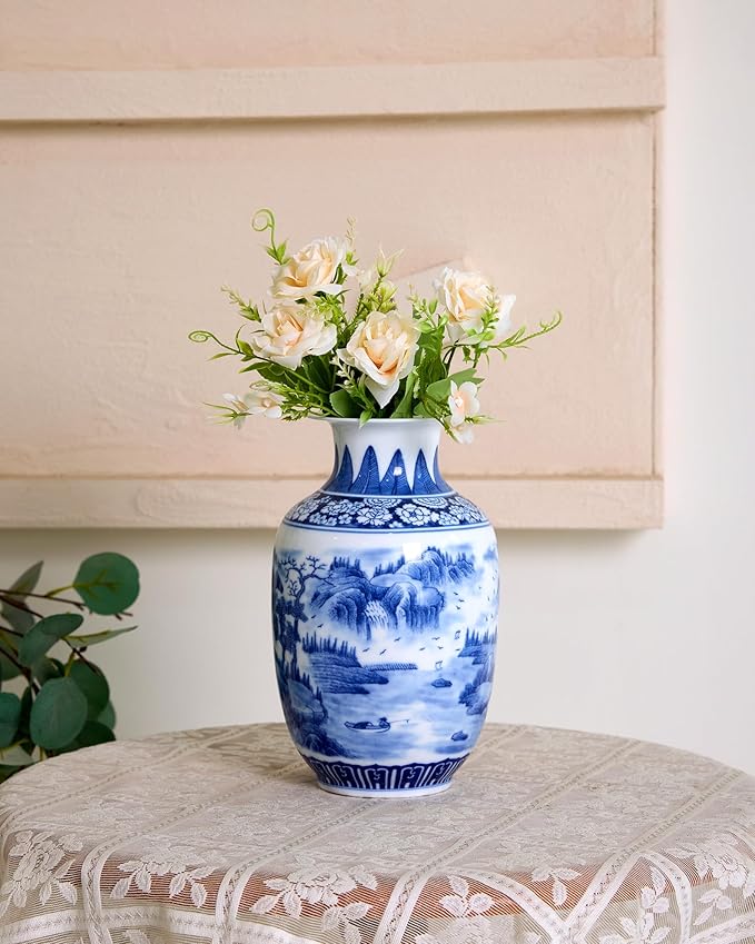 Blue and White Vintage Vase Chinoiserie Farmhouse Decorative Vases Flower Terracotta pots for Tableshelf Bookshelf Bathroom Living Room Kitchen 9.4 inch