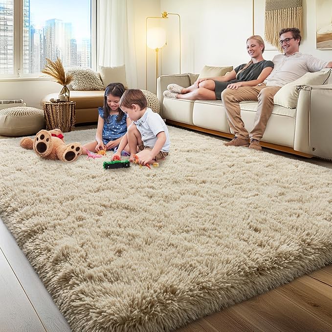 8x10 Area Rugs for Living Room, Fluffy Shaggy Rug Soft Carpets, Big Rugs for Bedroom Nursery Kids Room Dorm Home Decor Aesthetic, Light Tan