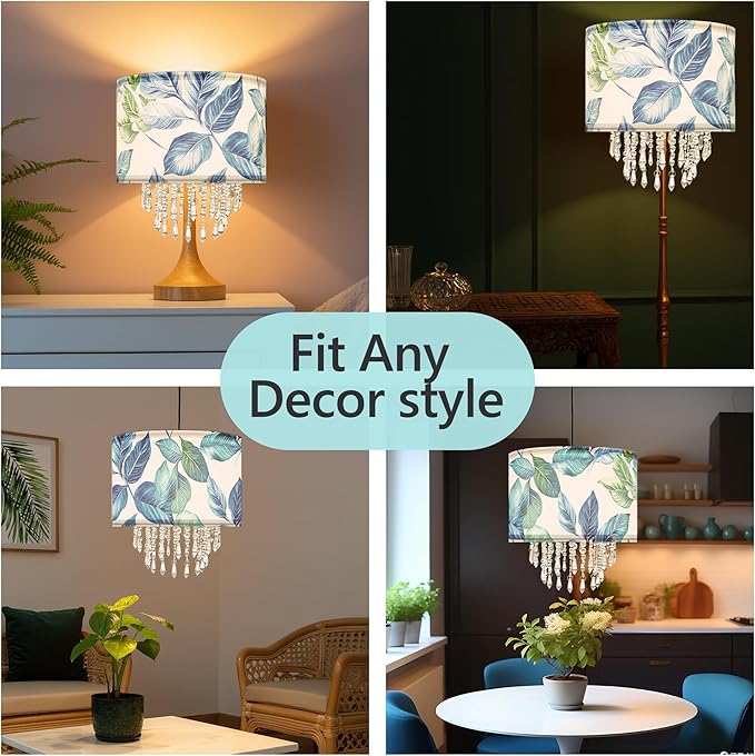 Star Vision Botanical Fabric Lampshade - Tropical Leaf Design with Crystal Bead Droplets, Blue Green Drum Shade for Pendant Table Wall & Floor Lamps, Nature-Inspired Home Decor