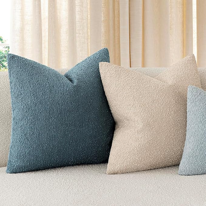 Foindtower Pack of 2 Textured Boucle Throw Pillow Covers Accent Solid Decorative Pillow Cases Cozy Woven Couch Cushion Case for Sofa Bedroom Living Room Home Decor 20x20 Inch Misty Blue