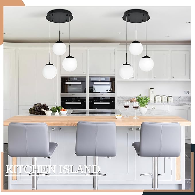 KoKo&Yukina 3 Light Globe Glass Pendant Light Modern Black Globe Chandelier Adjustable Length Pendant Light Fixtures Milky White Glass Ceiling Light for Foyer Hallway