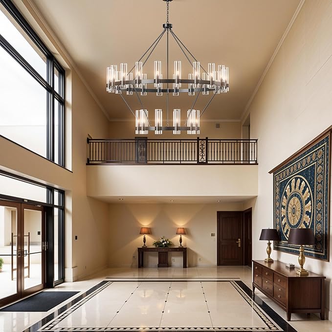 60" Black Chandelier, 2 Tier Wagon Wheel Chandelier with Glass Shade, 30-Lights Large Round Modern Farmhouse High Ceilings Pendant Lighting Fixture for Dining Room, Living Room, Kitchen, Foyer