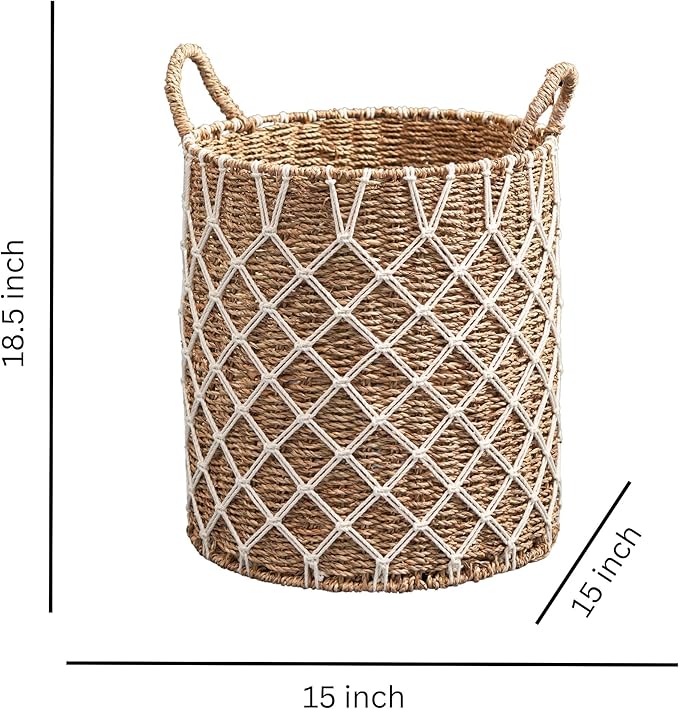Hubertus Round Water Hyacinth Woven Basket with Handles (15" x 15" x 18.5" - Natural Brown) - Ideal for Halloween, Thanksgiving, and Home Organization