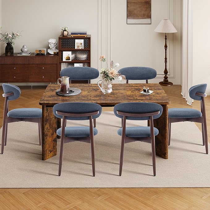 9-Piece Rectangular Dining Table Set for 8, 63" Industrial Kitchen Table with 8 Wooden Upholstered Dinner Chairs for Dining Room, Kitchen, Living Room, Brown+Blue