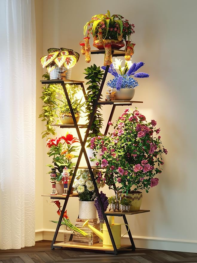 Lighted Plant Stand with Grow Lights – Tall Large Tiered Metal Corner Shelf Rack for Multiple Indoor Living Room Flower