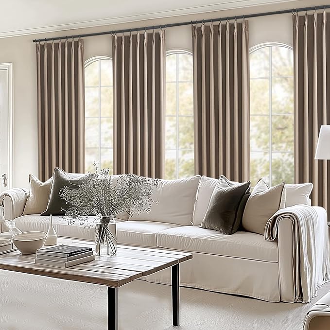 Topfinel Linen Blackout Curtains 96 Inch Long, Pinch Pleat Rustic Neutral Thermal Insulated Brown Natural Linen Cabin Back Tab Viral Drapery Drapes with Hooks Rings 2 Panel Sets, Brown Tan 8 FT