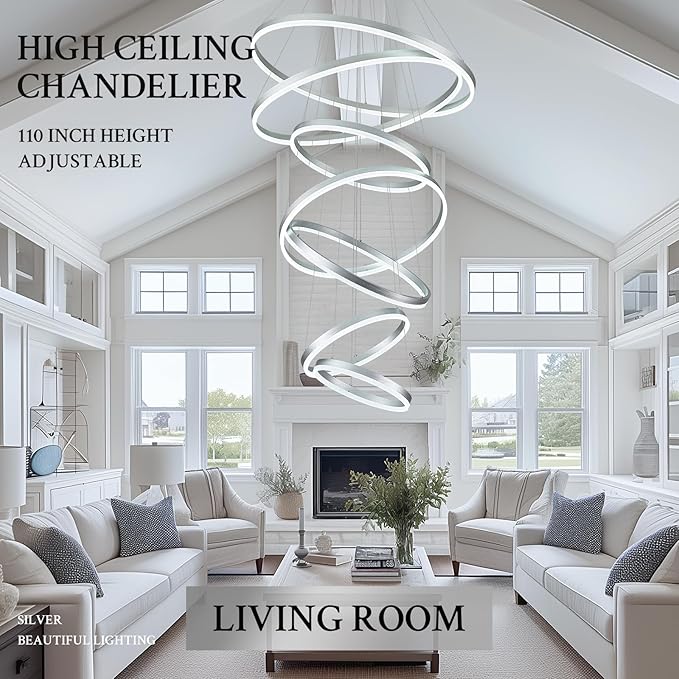 7-Rings D31.5’’ Modern LED Chandelier Silver Dimmable High Ceiling Chandeliers Foyer with Remote Control for Staircase Entryway Dining Room Living Room, 3000K-6500K