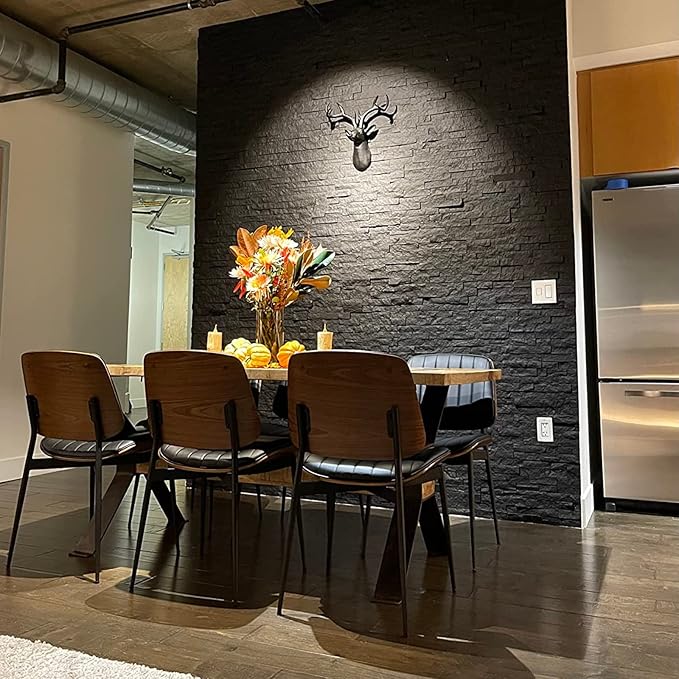 LUNLING Dining Chairs Set of 2 Mid Century Modern Retro Faux Leather Chair with Walnut Bentwood Upholstered Seat Metal Legs Chairs,Adjustable Foot for Kitchen Dining Room Chairs(Black)