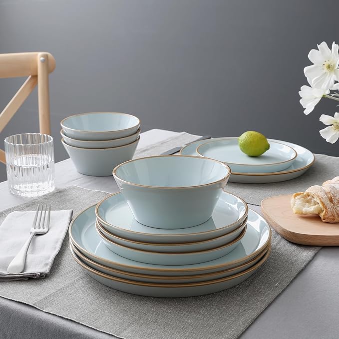 Famiware Saturn Dinnerware Sets, Plates and Bowls Sets for 4, 12 Pieces Stoneware Dish Set - Chip and Scratch Resistant, Microwave and Dishwasher Safe Tableware Set, Light Blue with Rim