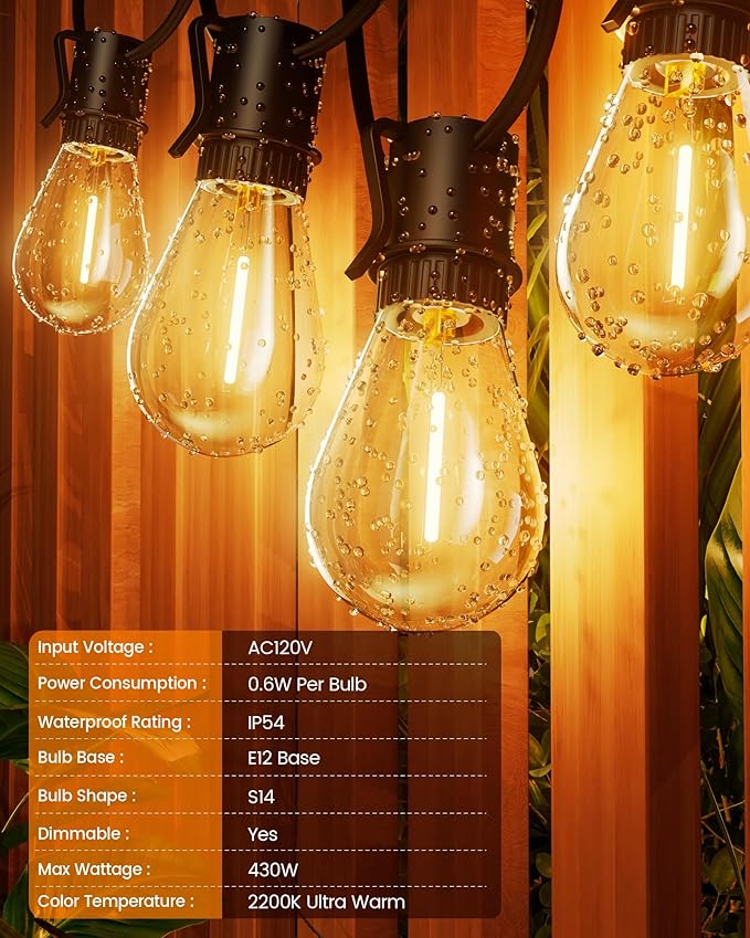 150FT Outdoor String Lights LED, 45+3 S14 Bulbs Shatterproof, IP54 Waterproof Dimmable for Large Outdoor Events, Resorts, Hotel Lighting - Commercial Grade Connectable