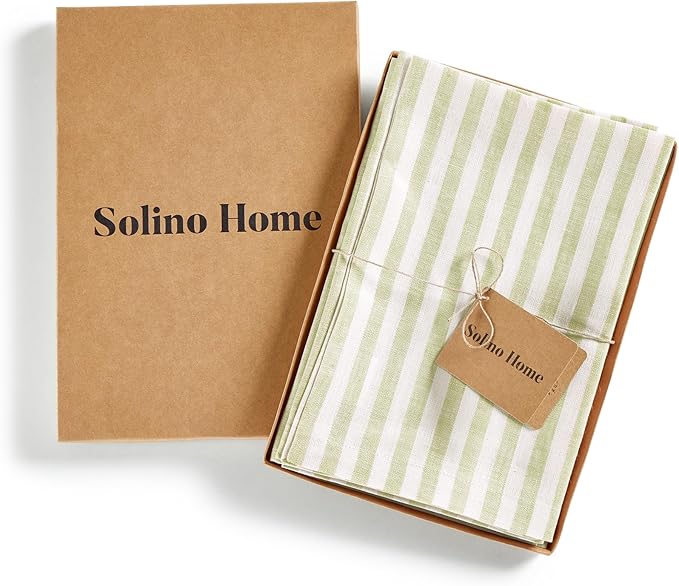 Solino Home Linen Cloth Napkins Set of 4-100% Pure Linen Sage and White Striped Dinner Napkins 20 x 20 Inch for Fall, Thanksgiving, Christmas - Amalfi Stripe, Handcrafted and Machine Washable