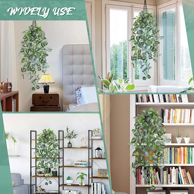 Fake Hanging Plant with Pot, Artificial Potted Fern Plant, 28.7-in Long Faux Hanging Vine Plant for Shelf Home Office Indoor Outdoor Garden Greenery Decor (Black Pot)