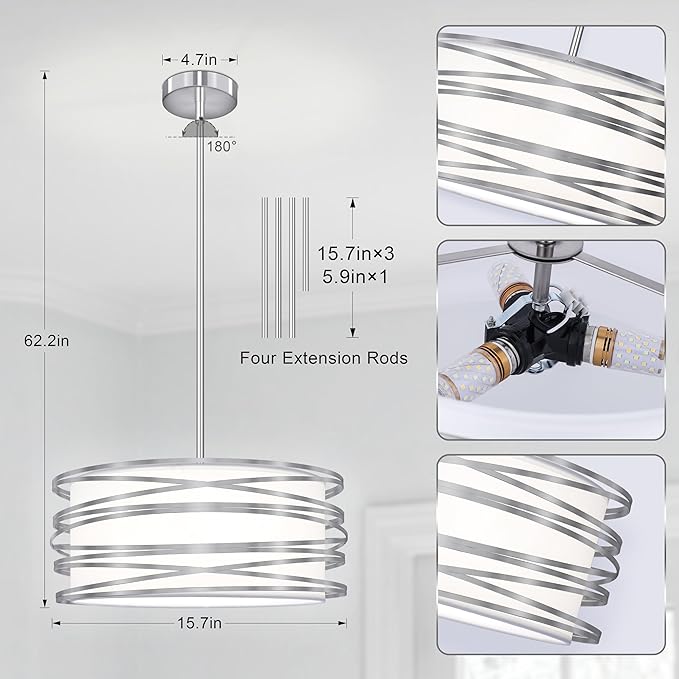 16 inch Modern Drum Pendant Light 3-Lights Brushed Nickel Chandelier Dining Room Light Fixture, Adjustable Ceiling Pendant Kitchen Light Fixture Over Table for Living Room Bedroom