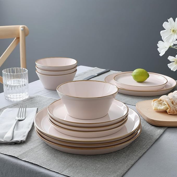 Famiware Saturn Dinnerware Sets, Plates and Bowls Sets for 4, 12 Pieces Stoneware Dish Set - Chip and Scratch Resistant, Microwave and Dishwasher Safe Tableware Set, Light Pink with Rim