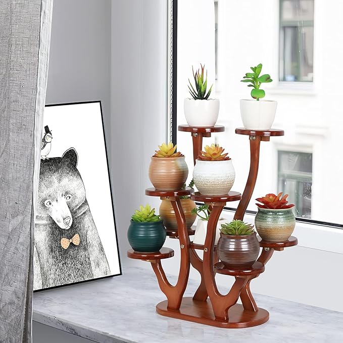 9 Tiers Small Windowsill Plant Shelf Indoor,Bamboo Succulent Plant Stand for Desk,Multi-Layered Tabletop Plant Holder Mini Flower Pot Stand Display for Home Office Decor