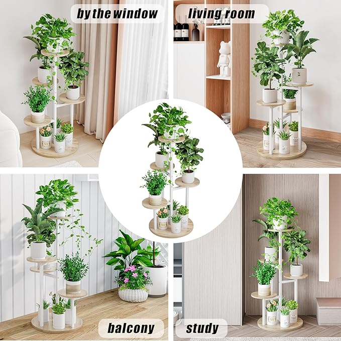 Plant Stand Indoor 5 Tier 8 Potted Multiple Flower Pot Holder for Patio Garden Balcony Living Room Corner (5 Tier White+Sonoma Oak)