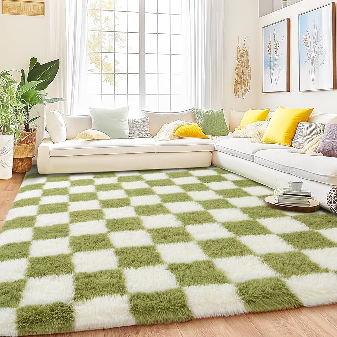 Checkered Rugs for Bedroom, 4x6 Ultra Fluffy Fuzzy Shag Area Rug for Living Room, Modern Plush Soft Upgrade Non-Slip Carpet for Kids Girls and Boys Room Dorm Nursery Home Decor, Cream and Green