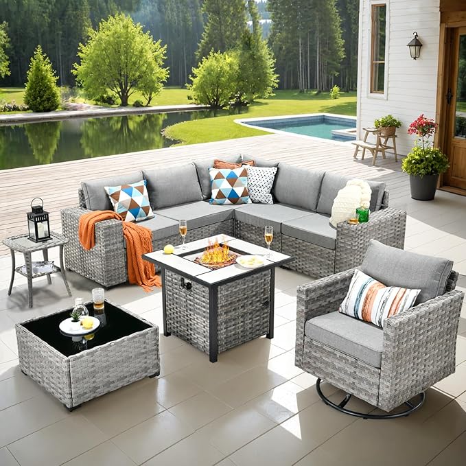 ovios 9 Pieces Patio Furniture Set, Outdoor Wicker Sectional Sofa with 30" Fire Pit Table Swivel Chair, Modern Modular Deep Seat Rattan Couch Conversation Sets, Dark Grey