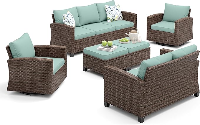 Patio Furniture Set, 6 Pcs Wicker Outdoor Conversation Set, 2 x Swivel Chairs, 1 x 3 Seater Sofa, 1 x 2-Seat Lover Sofa and 2 x Ottomans with 4" Thick Cushion for Garden Backyard Deck, Blue