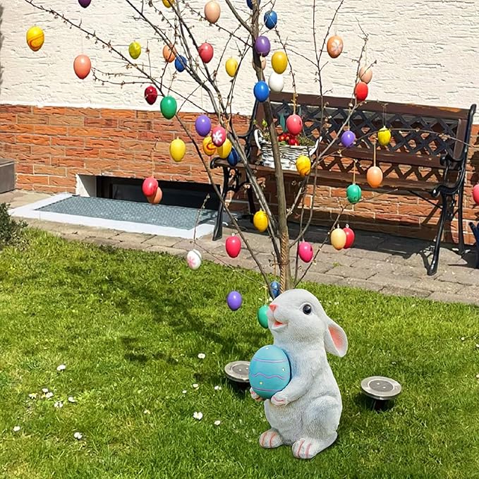 Solar Easter Rabbit Garden Statues Bunny Figurine Outdoor Easter Decorations Resin Bunny Statue with Egg Changing LED Lights for Porch Patio Lawn Yard Gardening Gifts for Mom Grandma