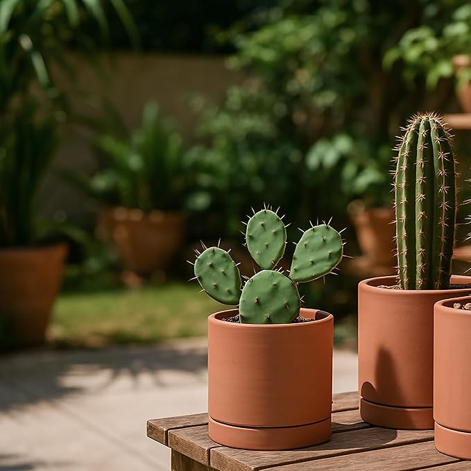 D'vine Dev Small 5 Inch Terracotta Plant Pot with Drainage Hole and Saucer, Round Cylinder Planter Pot for Indoor Plants, Set of 2, 40-X-B-2