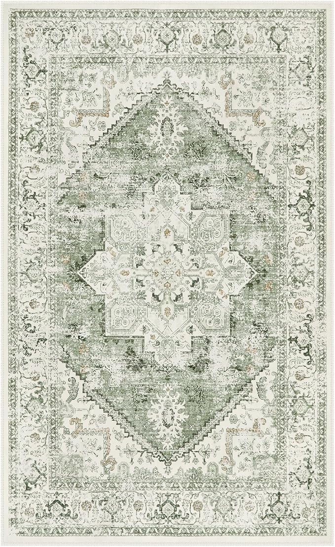 LIVEBOX Washable Area Rug 3x5 - Vintage Tribal Non-Slip Indoor Rugs for Kitchen Entryway, Low-Pile Front Door Mat Print Distressed Accent Throw Rug for Bedroom Entry Foyer Laundry Room, Sage