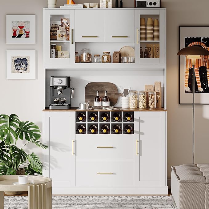 71” Kitchen Pantry Storage Cabinet with Microwave Stand, Freestanding Kitchen Hutch Cabinet with 10 Wine Racks, 5 Cabinets & 2 Drawers, 6 Doors Modern Food Pantry Coffee Bar Hutch White
