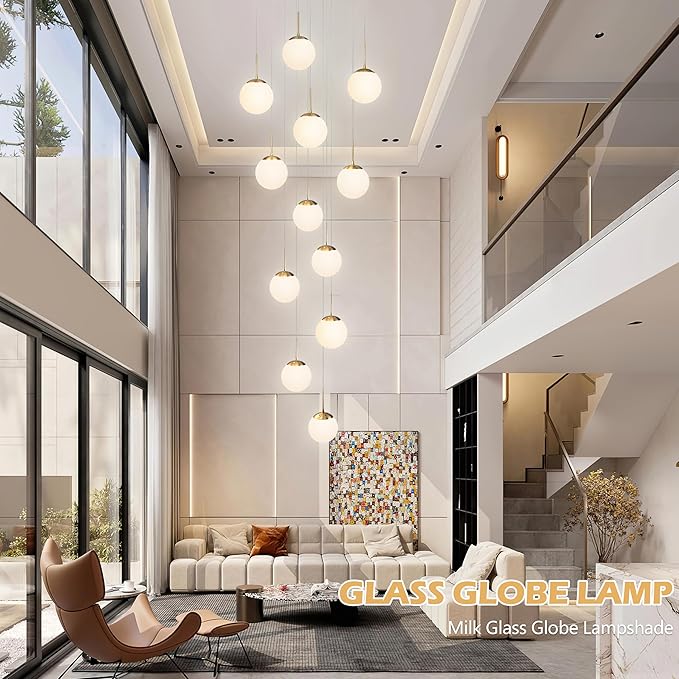 KoKo&Yukina 12-Light Gold Mid Century Modern Chandelier for Living Room Staircase Chandelier for Entryway Globe Milky White Glass Pendant Light High Ceiling Chandeliers Foyer (Bulb & Remote Incl.)