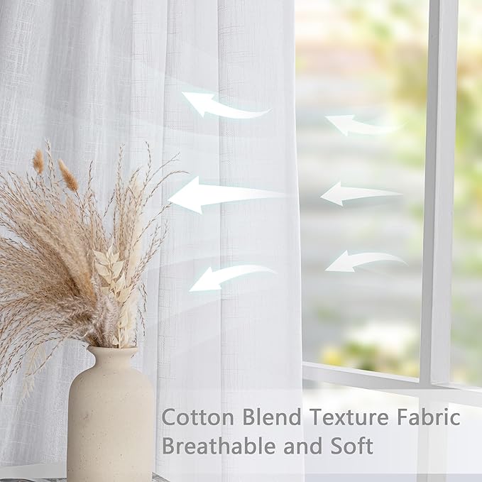 MYSKY HOME Patio White Curtains for Sliding Door 90 inch Length 2 Panels Living Room Curtains & Drapes Soft Cotton Farmhouse Window Treatments Pinch Pleated Linen Look Semi Sheer Draperies, 40W x 90L