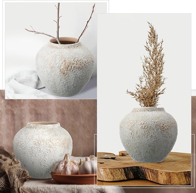 White Ceramic Decorative Flower Vase 8.27" x 8.66" Textured Round Rustic Pottery Vintage Large Vase for Home Decor Centerpieces Living Room Christmas Decoration