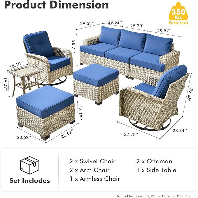 HOOOWOOO Outdoor Sectional Patio Furniture Set,8 Pieces Wicker Conversation Sets,Extra Deep Out Door Sofa Outside Furniture Couch with Swivel Chairs Ottoman,Navy Blue