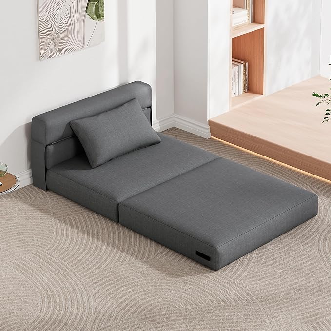 KINGYES 4 in 1 Foldable Sofa Bed, Modern Folding Sleep Chair with Back Cushion, Convertible Chair Sleeper, Grey